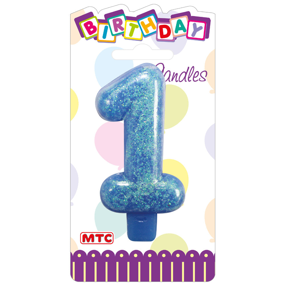 3" Numeral Glittered Candle - #1 Blue (24 Packs)