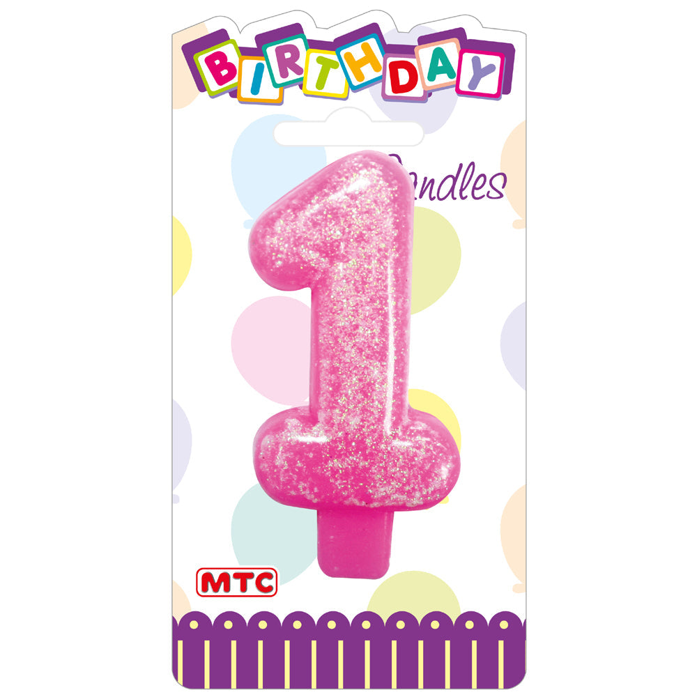 3" Numeral Glittered Candle - #1 Pink (24 Packs)