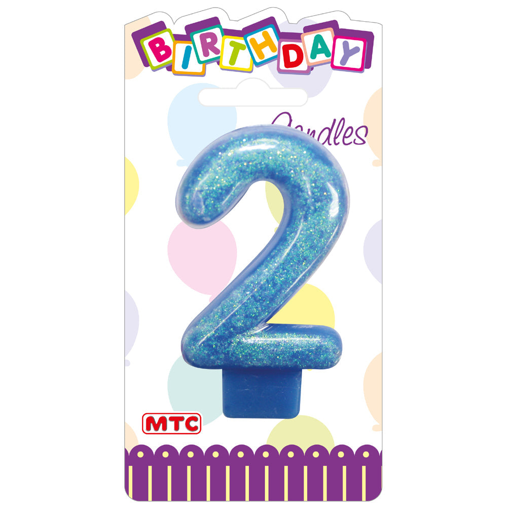 3" Numeral Glittered Candle - #2 Blue (24 Packs)