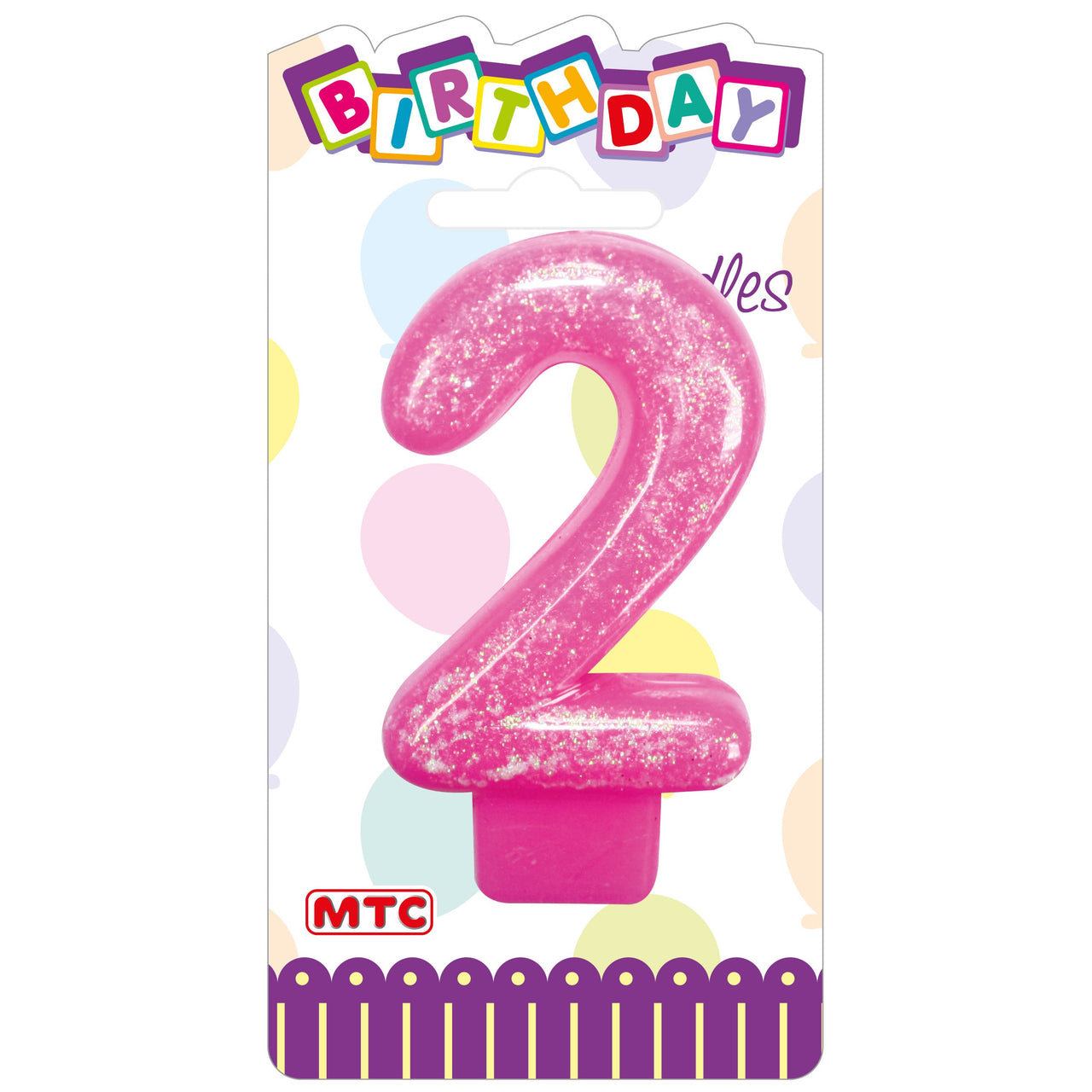 3" Numeral Glittered Candle - #2 Pink (24 Packs)