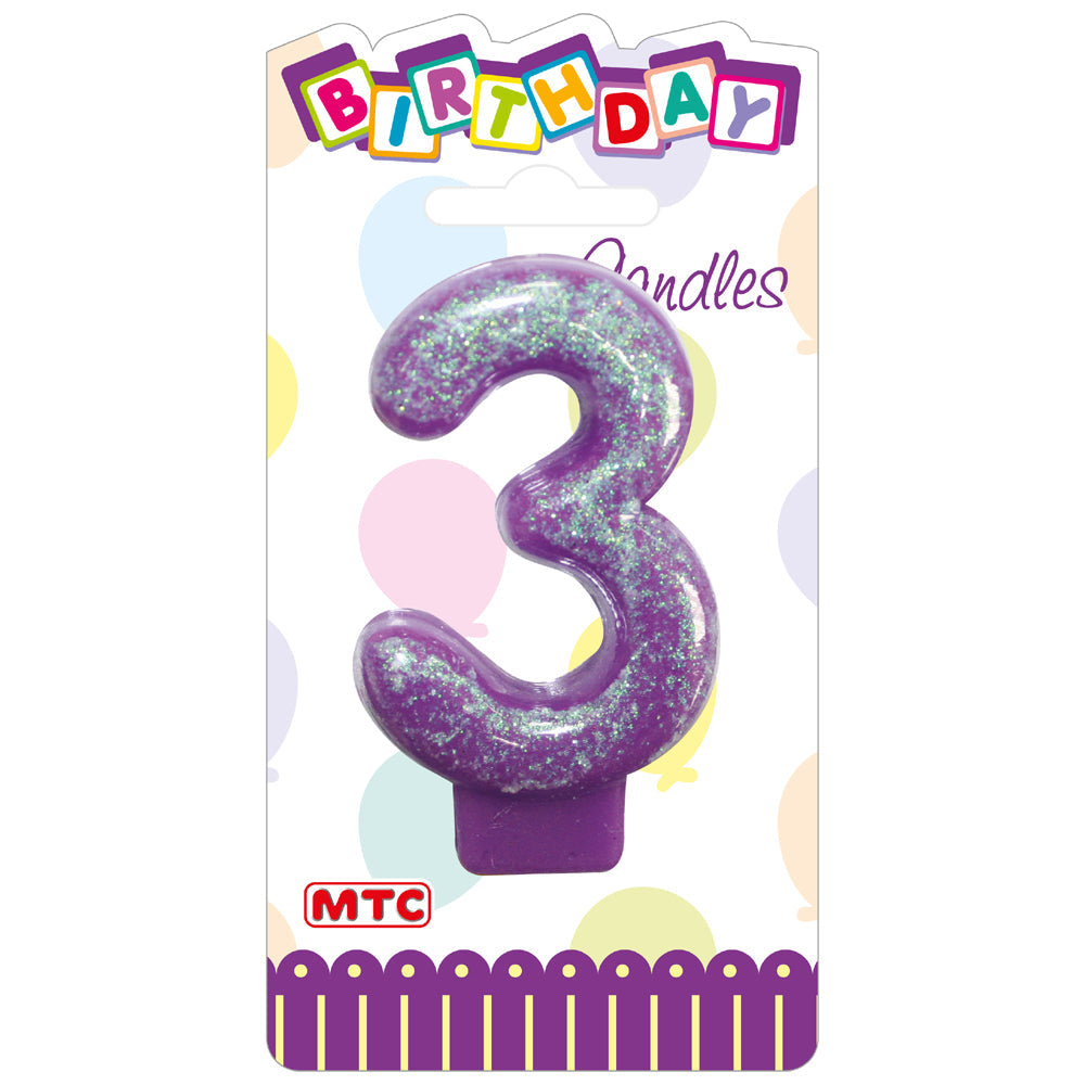 3" Numeral Glittered Candle - #3 (24 Packs)