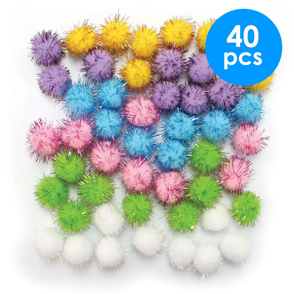 40  Pcs. 1" Tinsel Pom Poms- Assorted  Pastel (24 Packs)