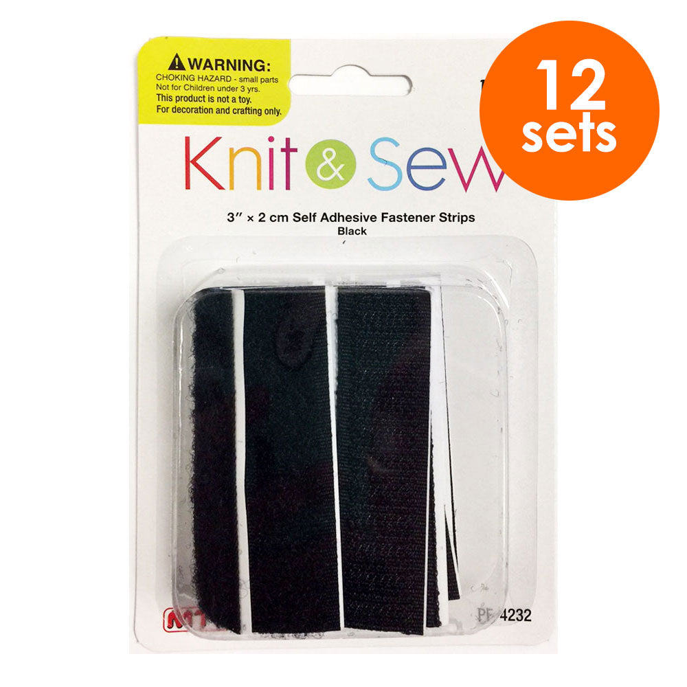 12 Sets 3"x 2 cm Self Adhesive Fastener Strip-Black (24 Packs)