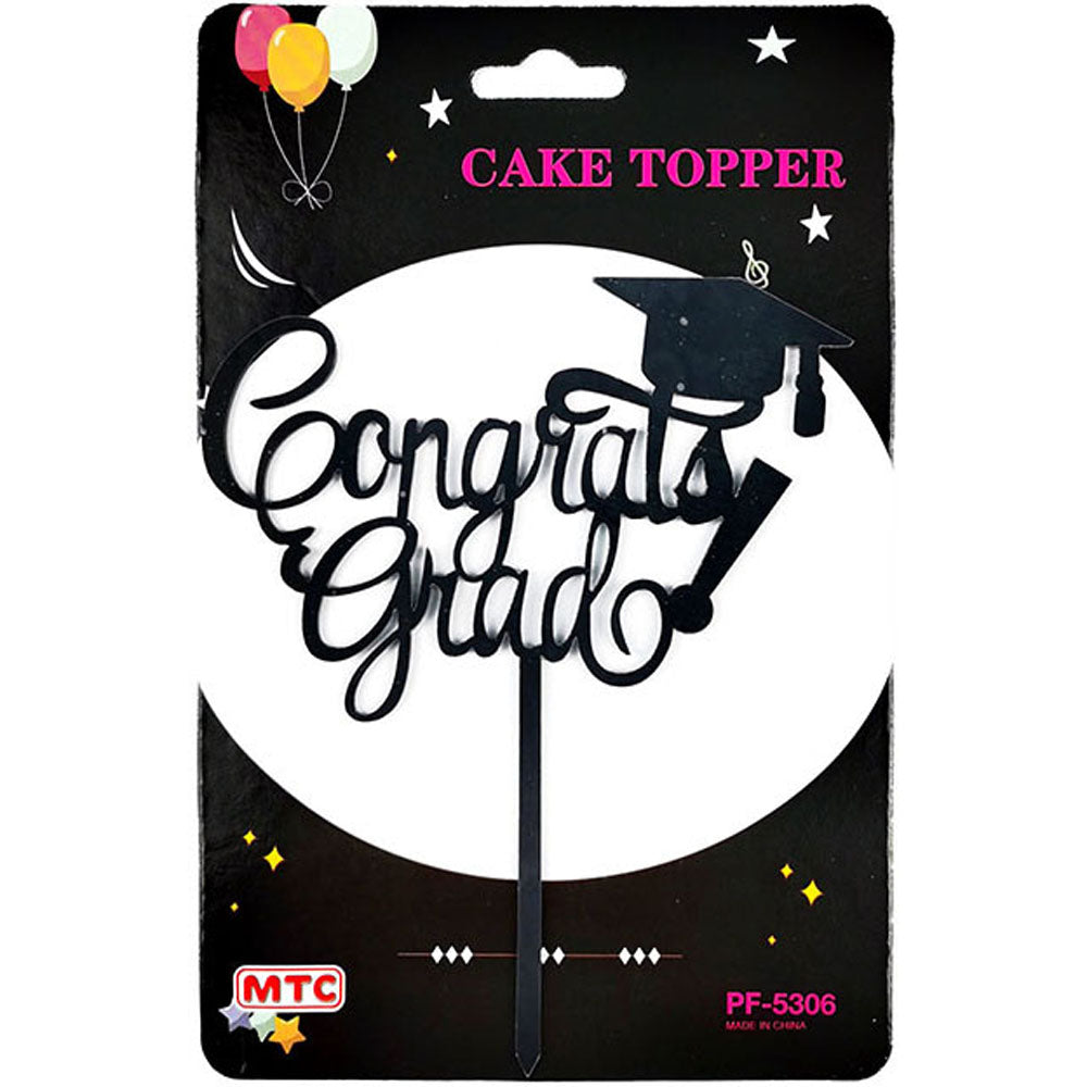 Plastic Cake Topper Graduation - Black (24 Packs)