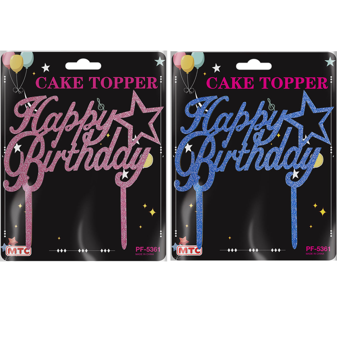 Glittered Wood Cake Topper Happy Birthday - Pink Blue (24 Packs)