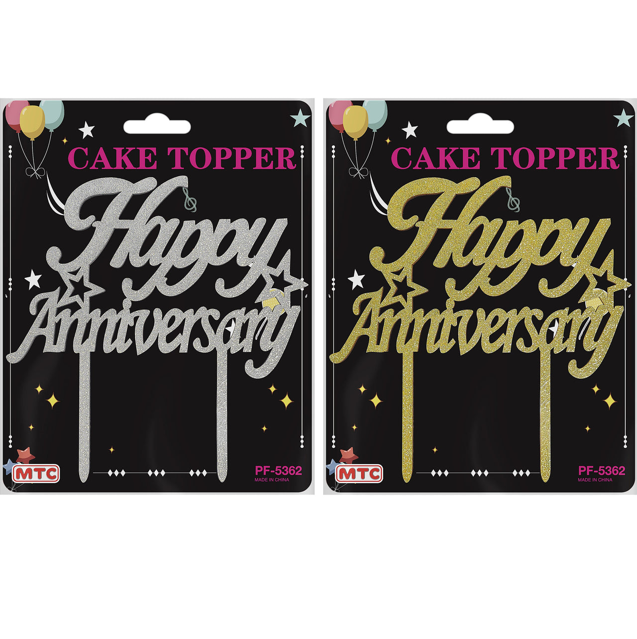 Glittered Wood Cake Topper Happy Anniversary - Gold Silver (24 Packs)