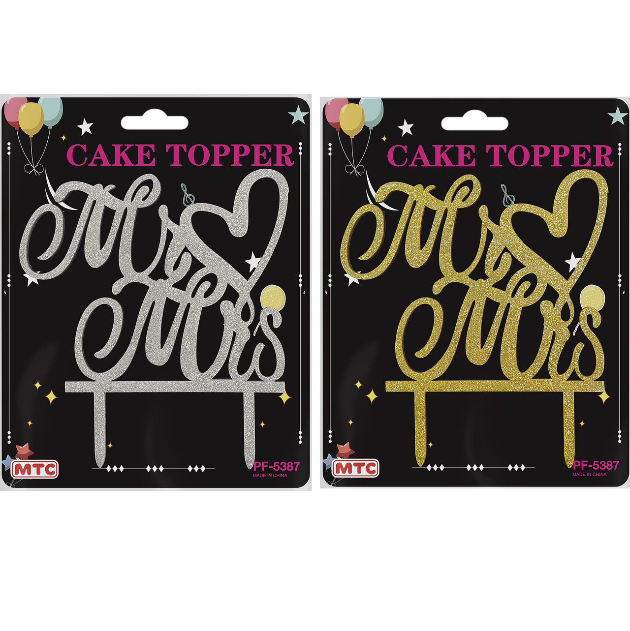 Glittered Wood Cake Topper Mr. & Mrs - Gold Silver (24 Packs)