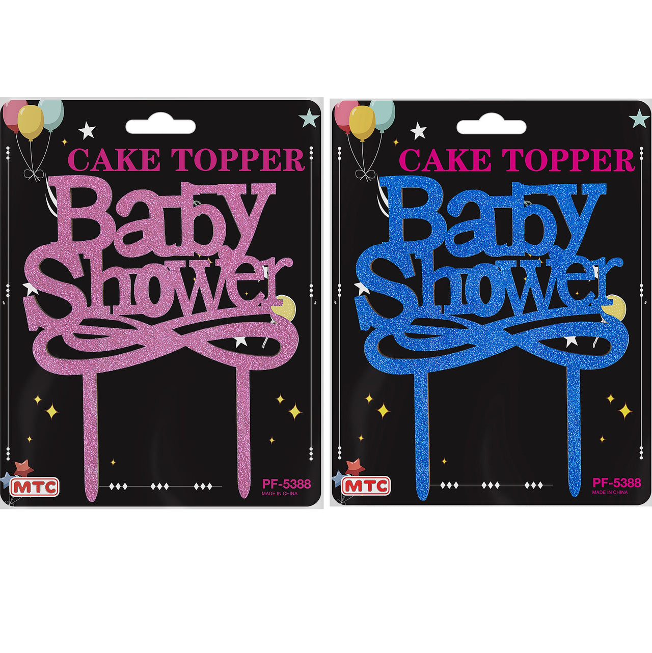 Glitter Wood Cake Topper Baby Shower - Pink Blue (24 Packs)