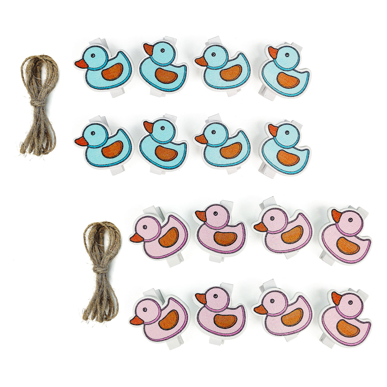 8 Pcs.  Ducky Wood Clothes Pin - Pink Blue & Twine (24 Packs)