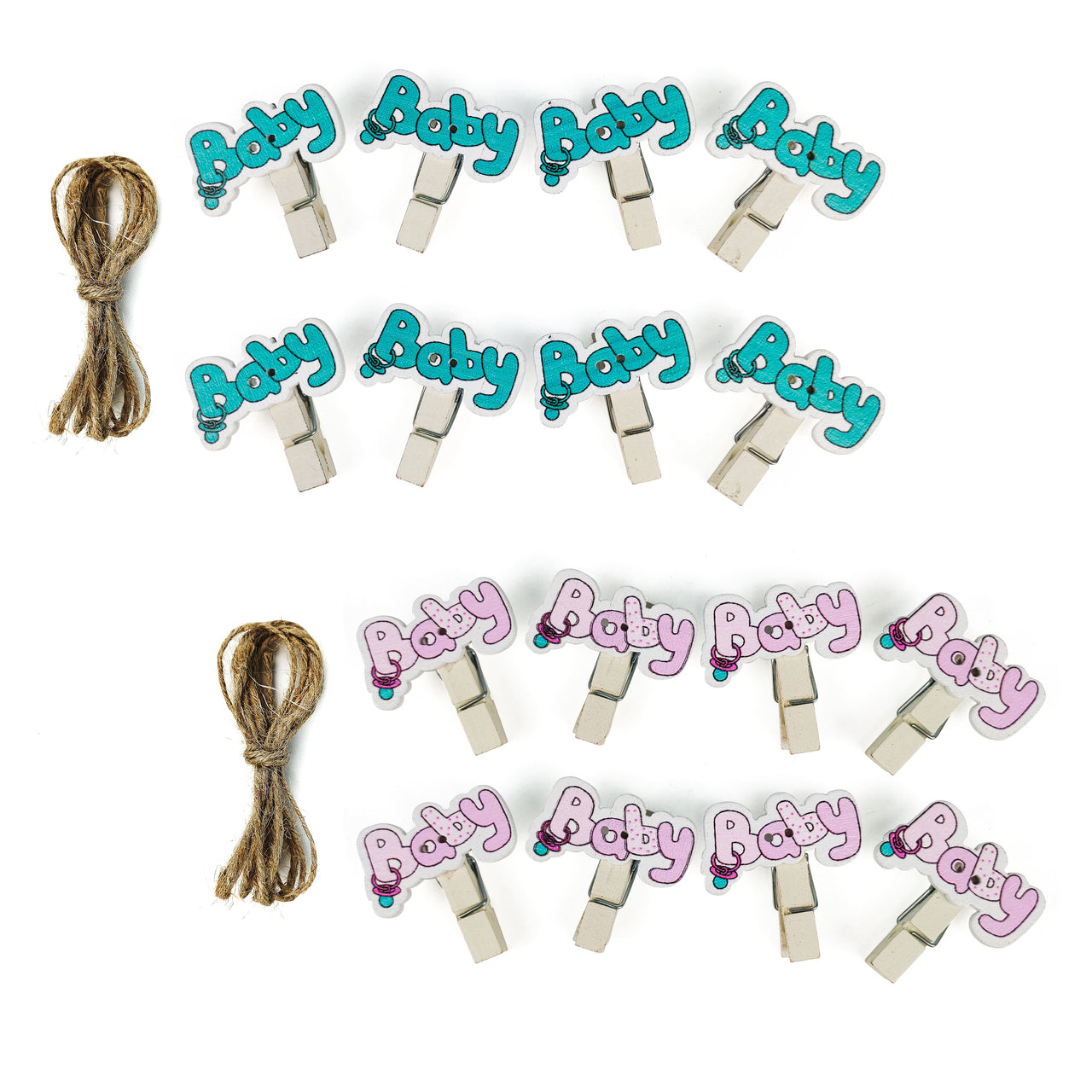8 Pcs. Baby Wood Clothes Pin - Pink Blue & Twine (24 Packs)