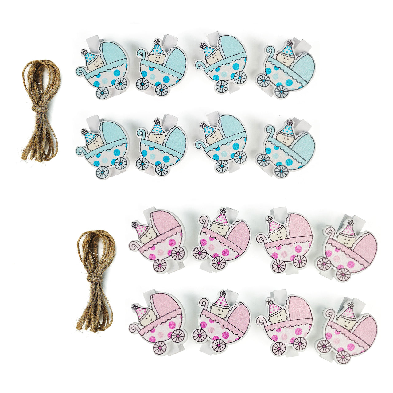 8 Pcs. Trolley Wood Clothes Pin - Pink Blue & Twine (24 Packs)