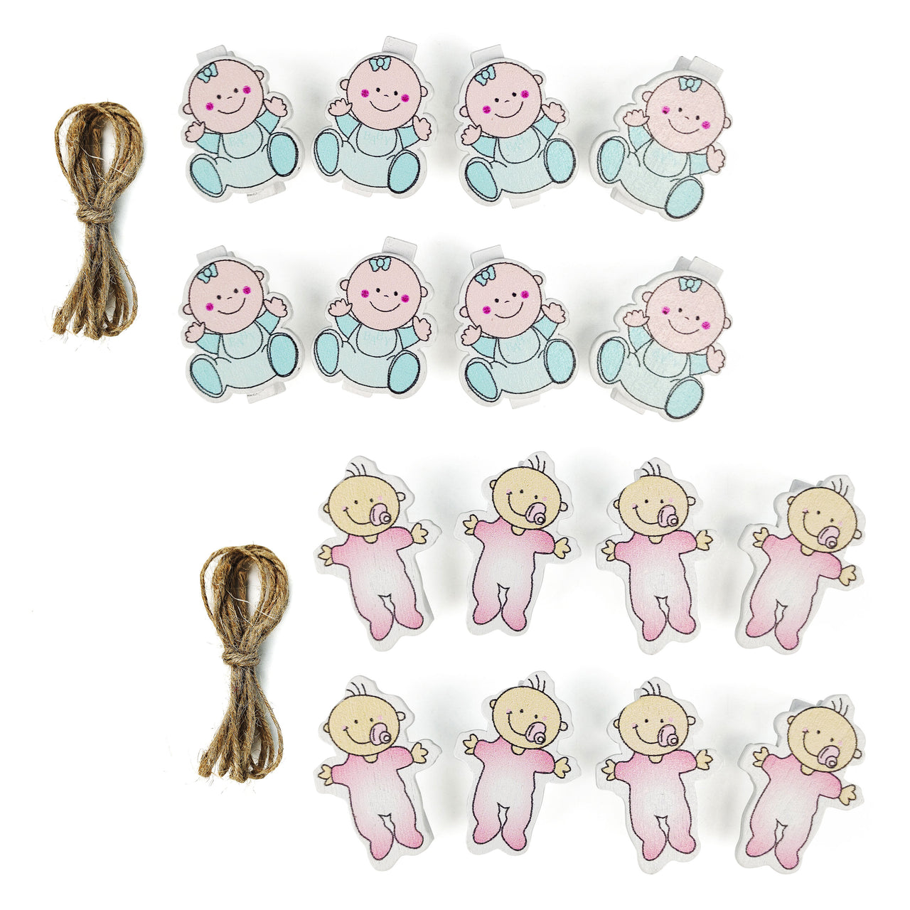 8 Pcs. Happy Baby Wood Clothes Pin - Pink Blue & Twine (24 Packs)