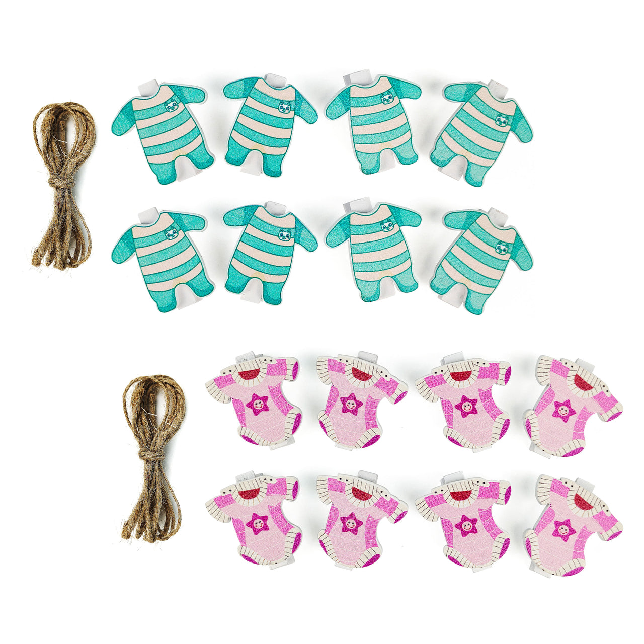 8 Pcs. Baby Dress Wood Clothes Pin - Pink Blue & Twine (24 Packs)
