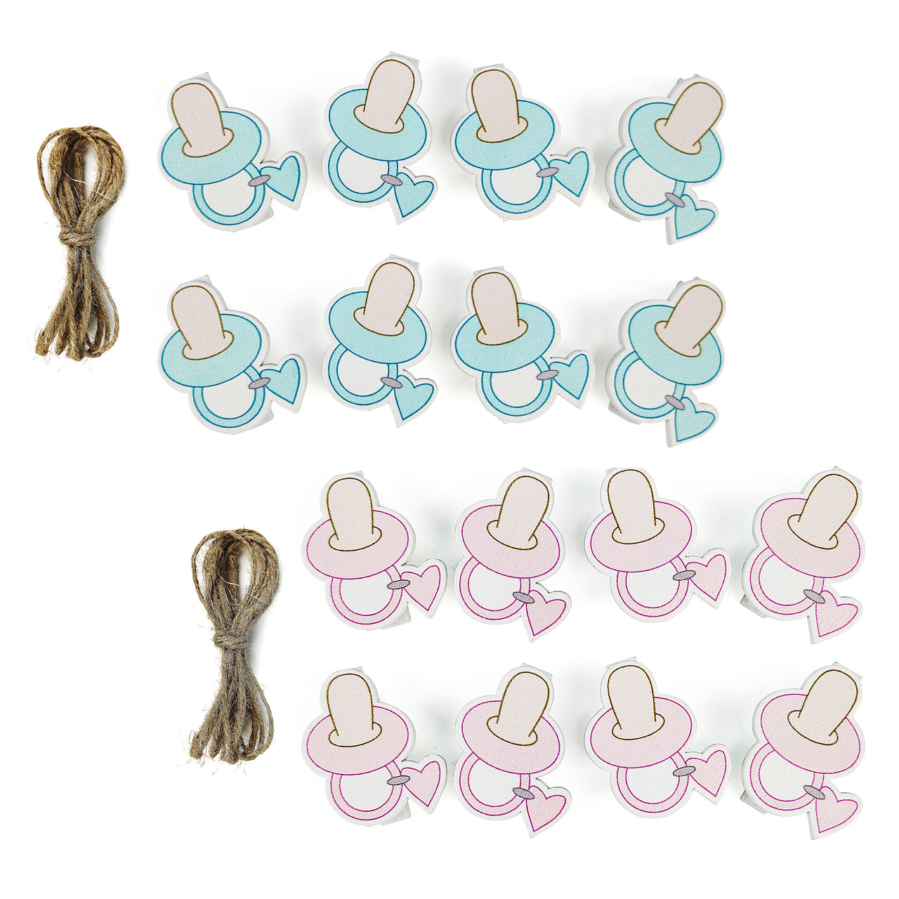 8 Pcs. Pacifier Wood Clothes Pin - Pink Blue & Twine (24 Packs)