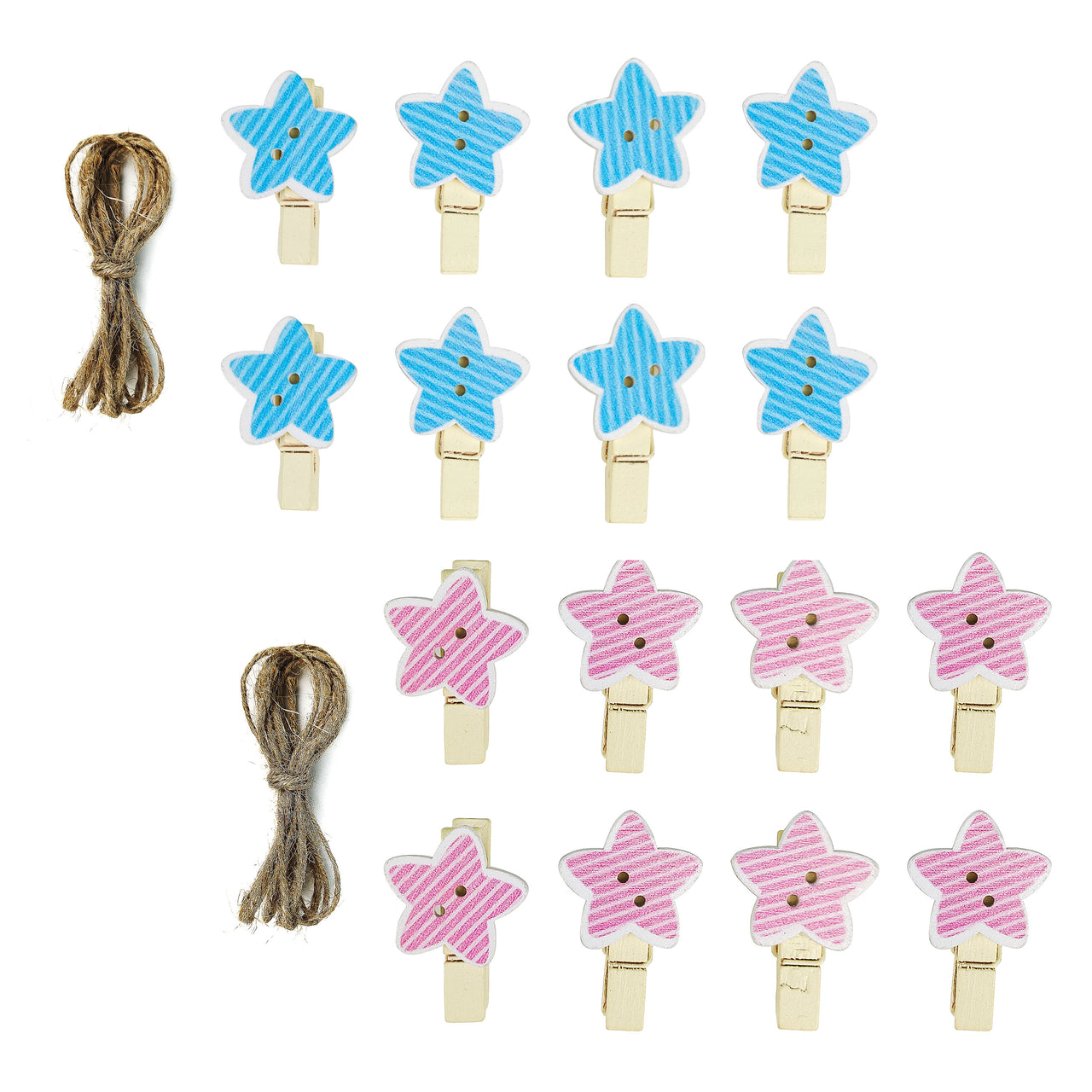 8 Pcs. Star Button Wooden Clothes Pins & Twine (24 Packs)