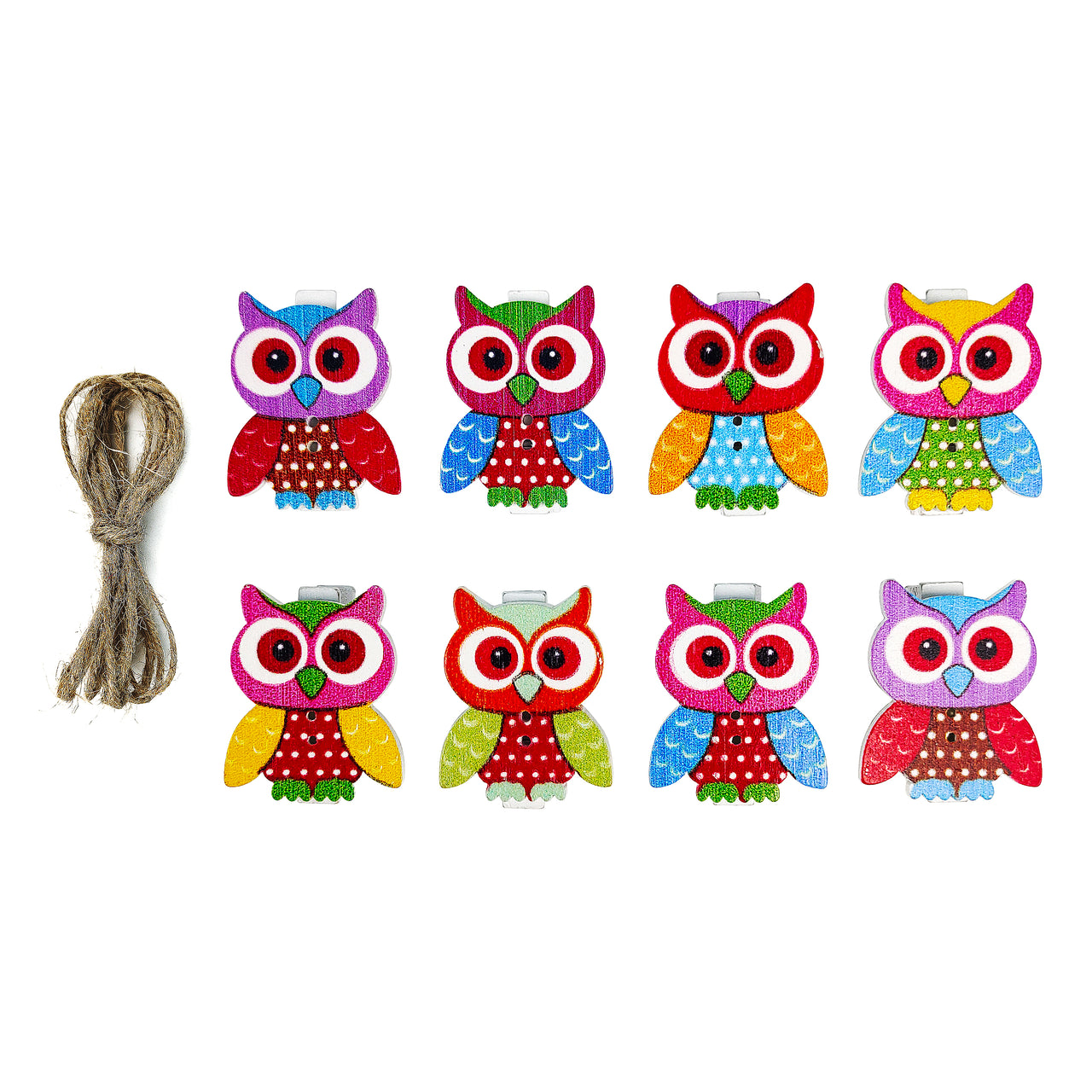 8 Pcs. Owl Wooden Clothes Pins & Twine (24 Packs)