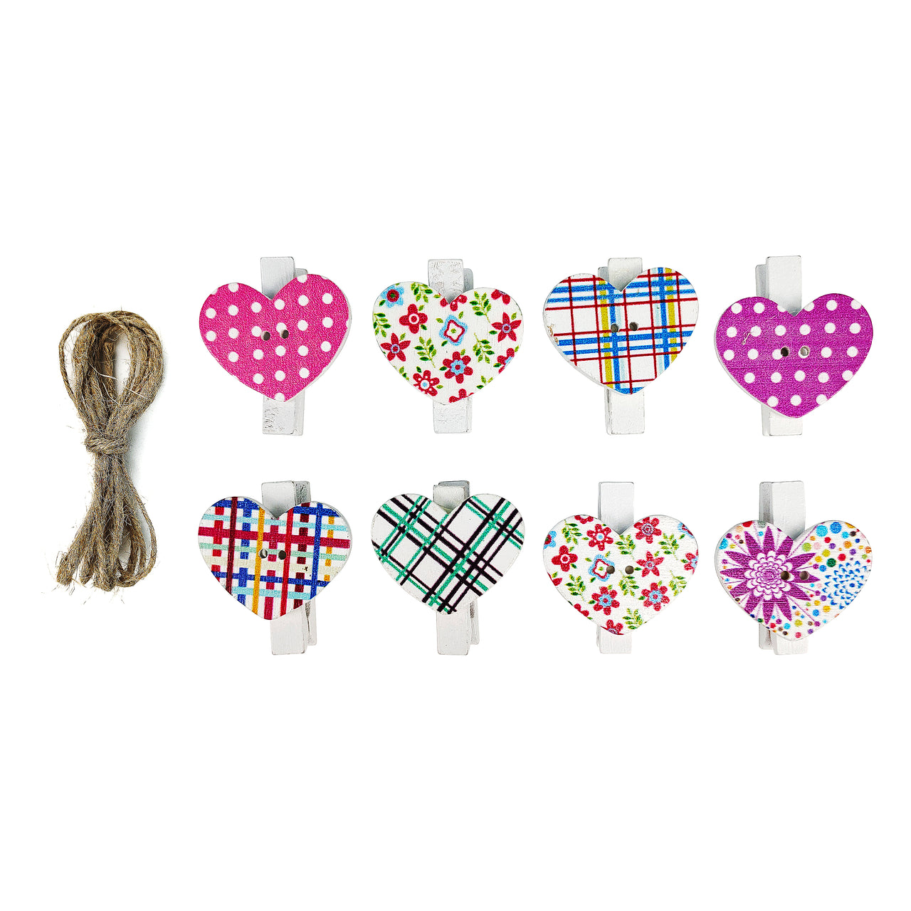 8 Pcs. Pattern Heart Wooden Clothes Pins & Twine (24 Packs)