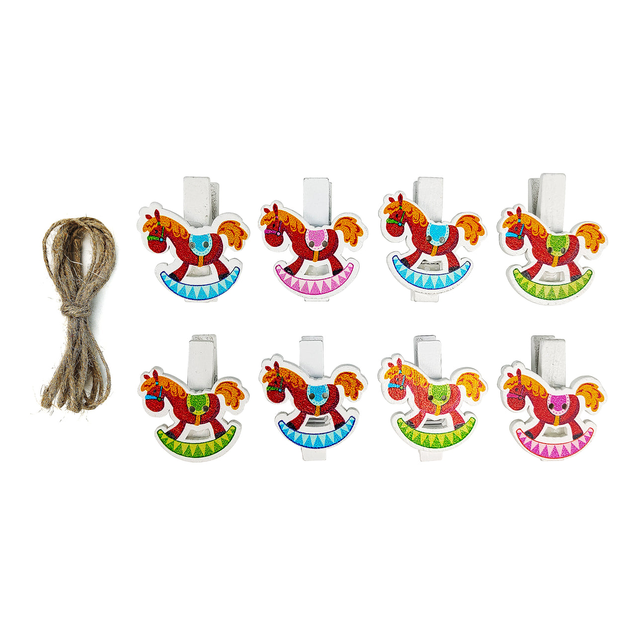 8 Pcs. Rocking Horse Wooden Clothes Pins & Twine (24 Packs)