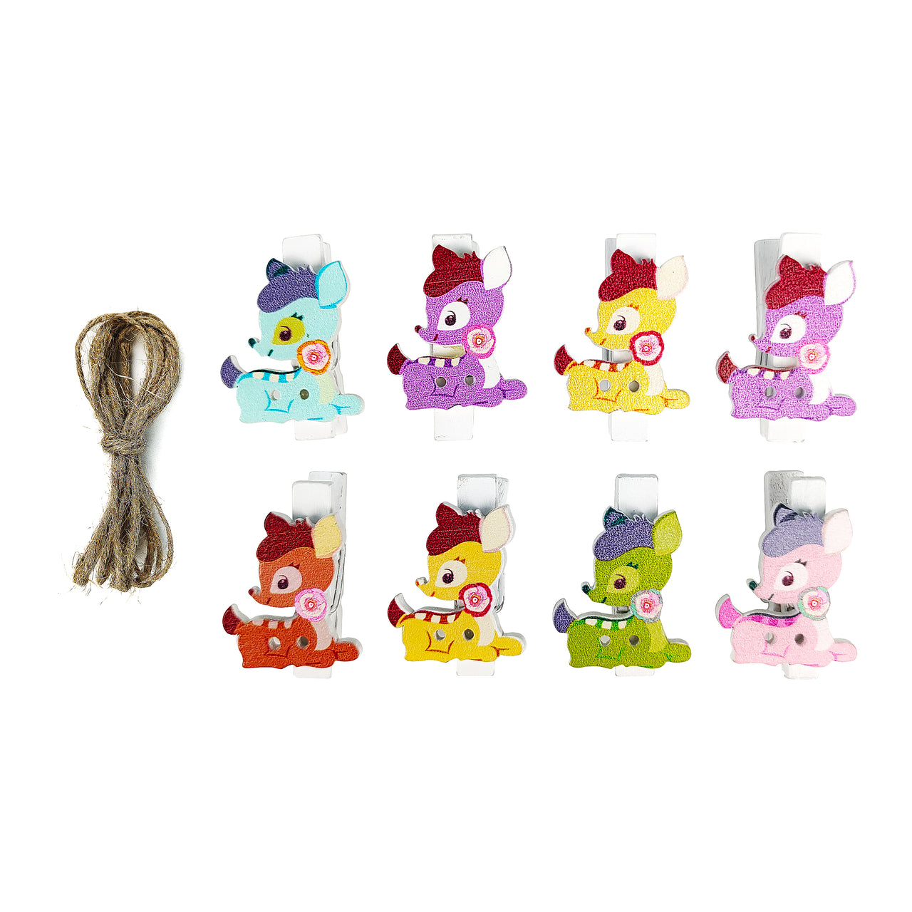 8 Pcs. Deer Wooden Clothes Pins & Twine (24 Packs)