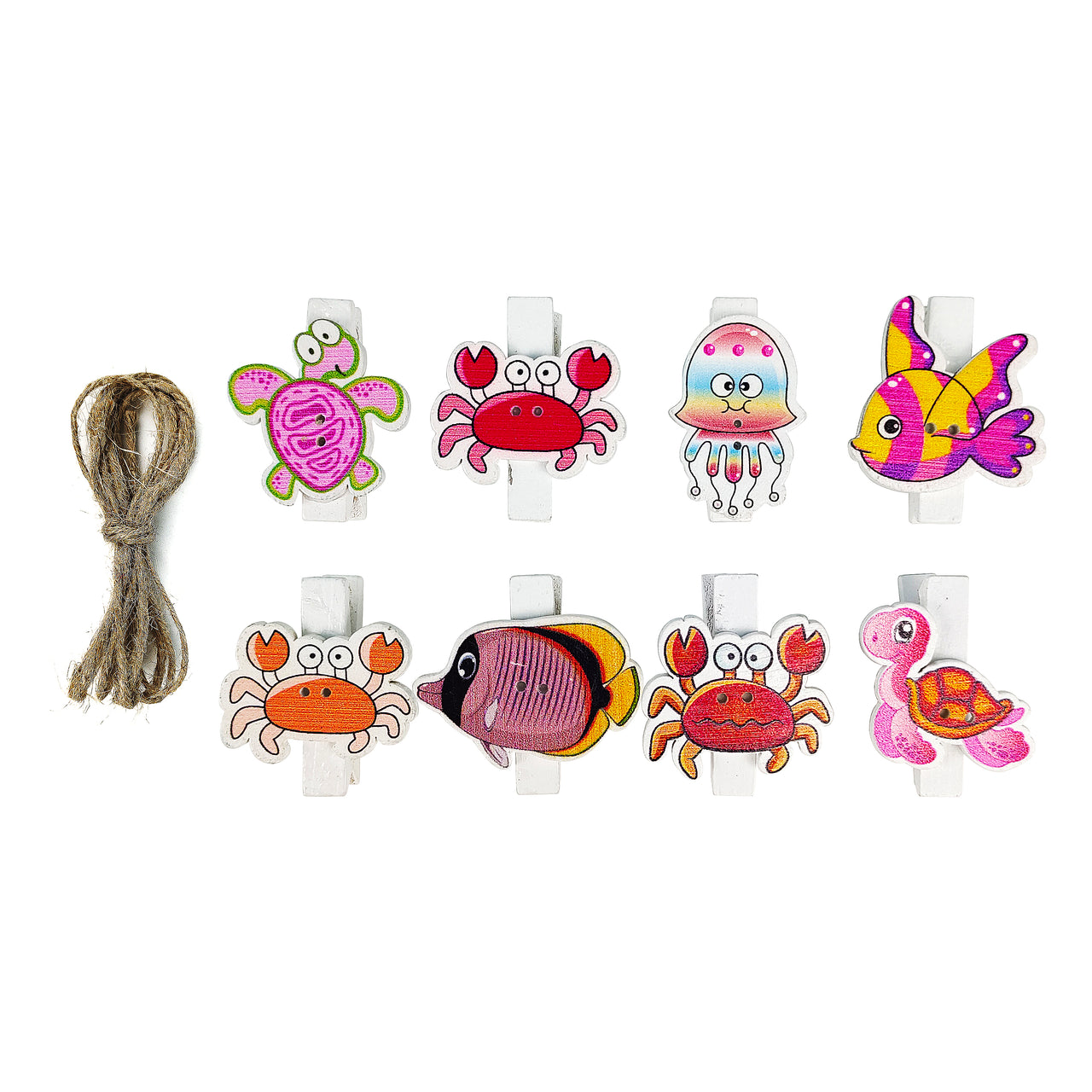 8 Pcs. Ocean Wooden Clothes Pins & Twine (24 Packs)