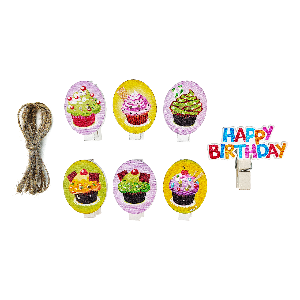 7 Pcs. Birthday Cupcake Wooden Clothes Pins & Twine (24 Packs)