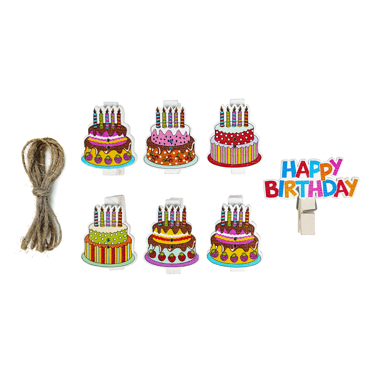 7 Pcs. Birthday Cake Wooden Clothes Pins & Twine (24 Packs)