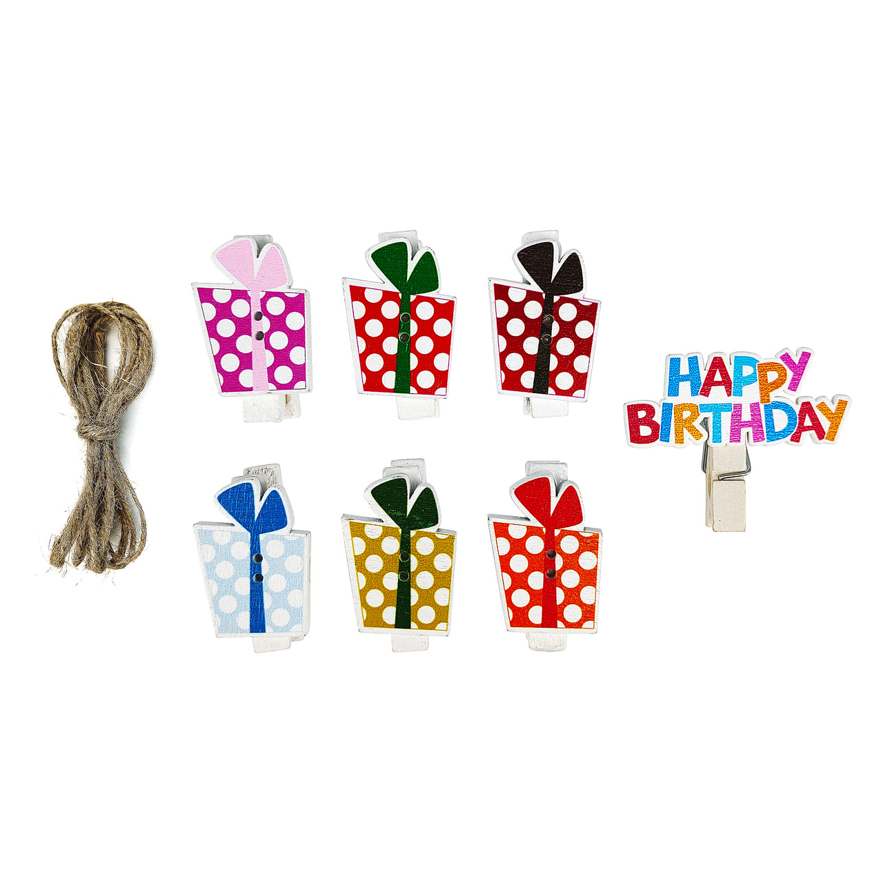 7 Pcs. Birthday Gift Wooden Clothes Pins & Twine (24 Packs)