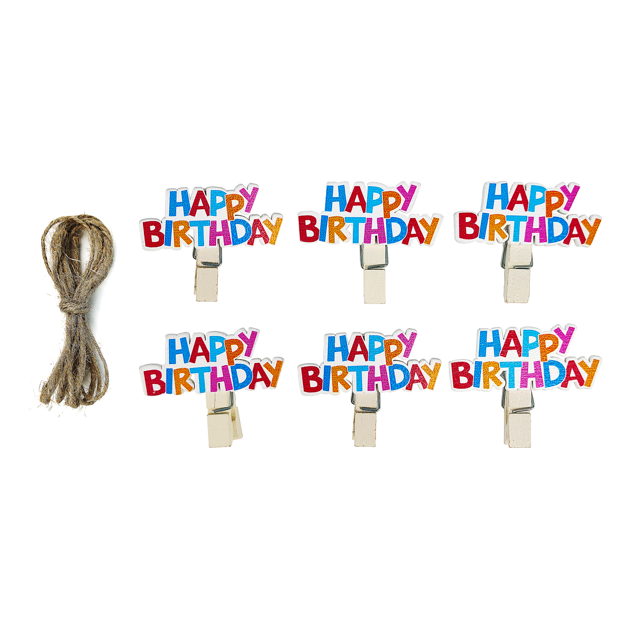6 Pcs. Happy Birthday Wooden Clothes Pins & Twine (24 Packs)