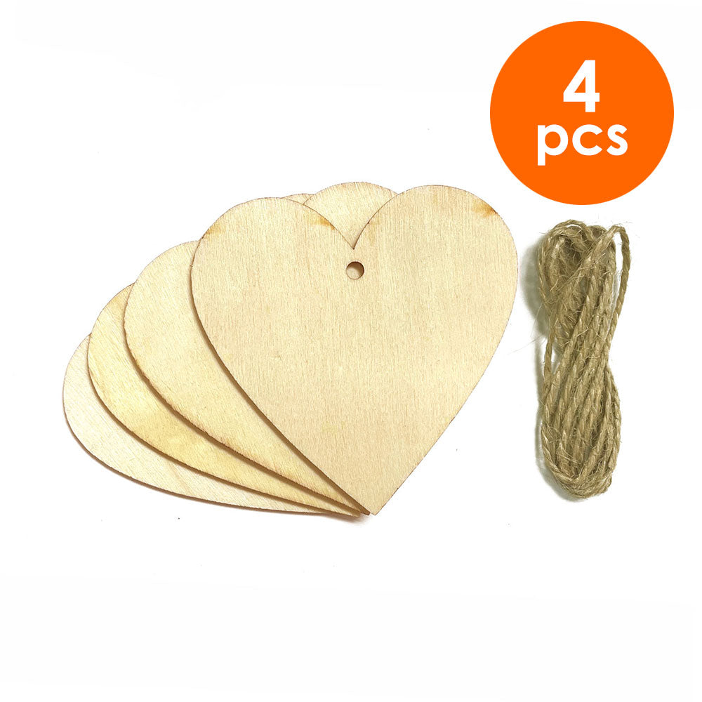 4 Pcs. 8x8 cm Unfinished Heart  Wood Cutouts & Twine (24 Packs)