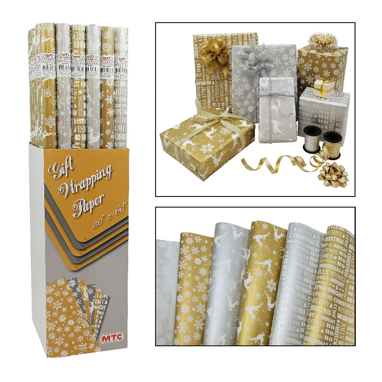 30"x60" Gold/Silver Xmas Wrapping Paper - Assorted (72 Rolls)