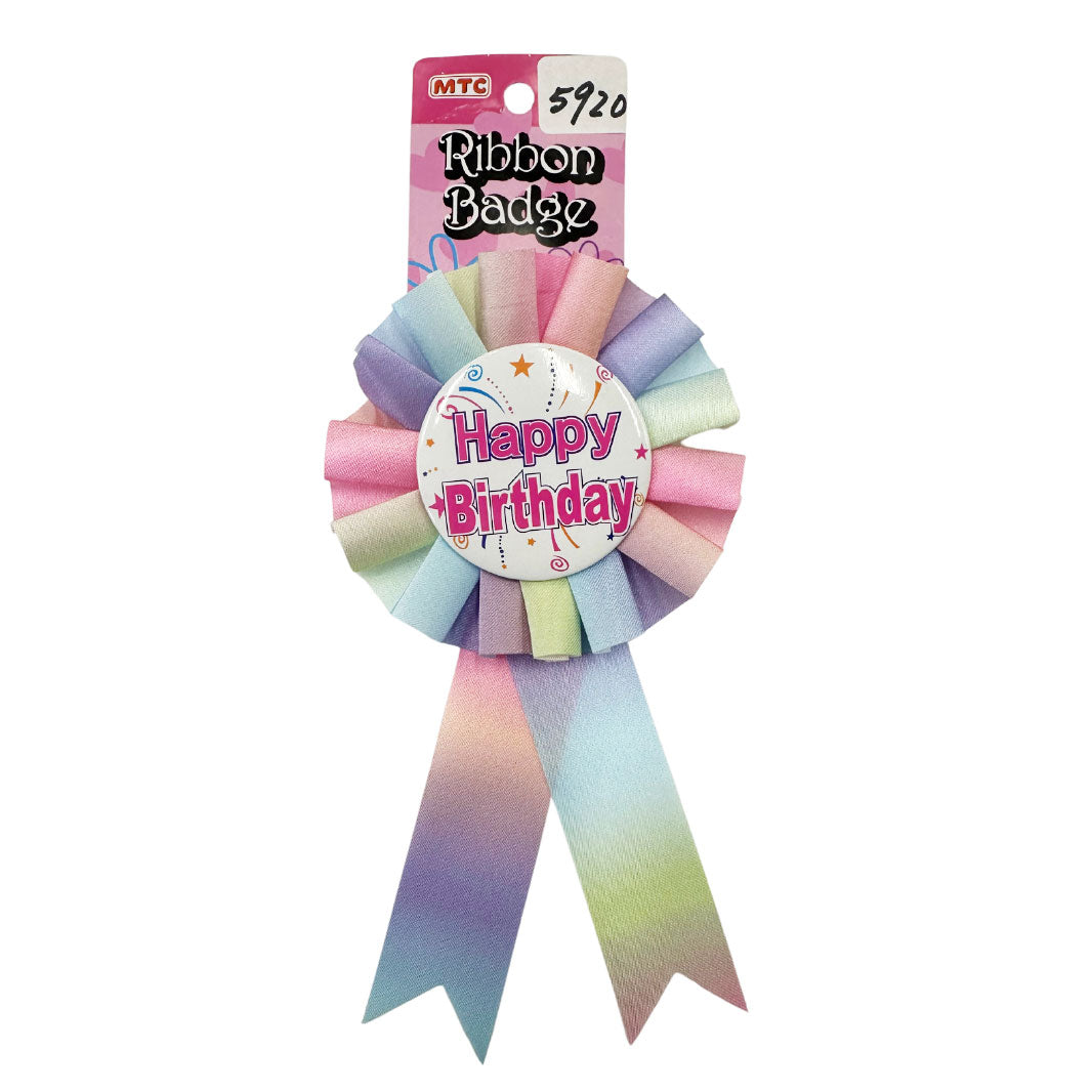 Happy Birthday Ribbon Badge - Pastel Rainbow (24 Packs)