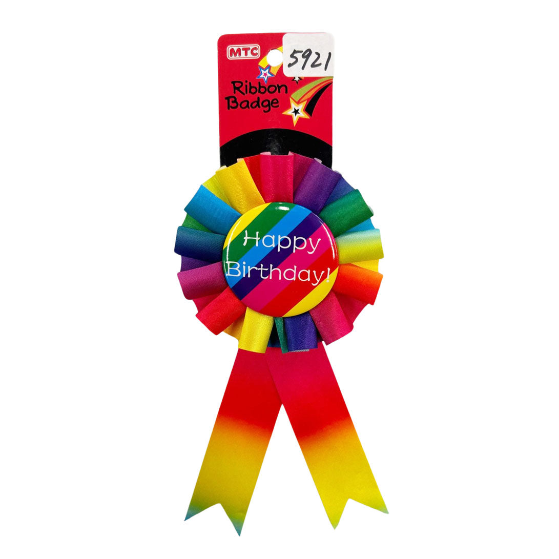 Happy Birthday Ribbon Badge - Bright Rainbow (24 Packs)