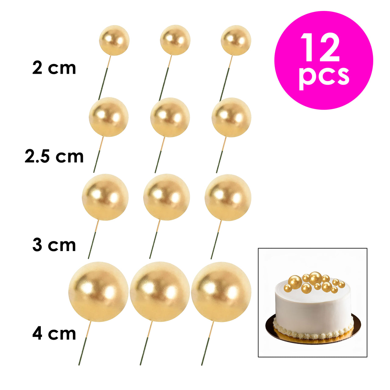 12 Pcs. Ball Cake Toppers - Gold (24 Packs)
