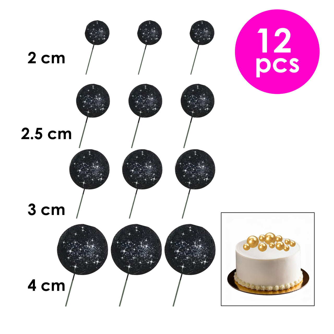 12 Pcs. Glitter Ball Cake Toppers - Black (24 Packs)