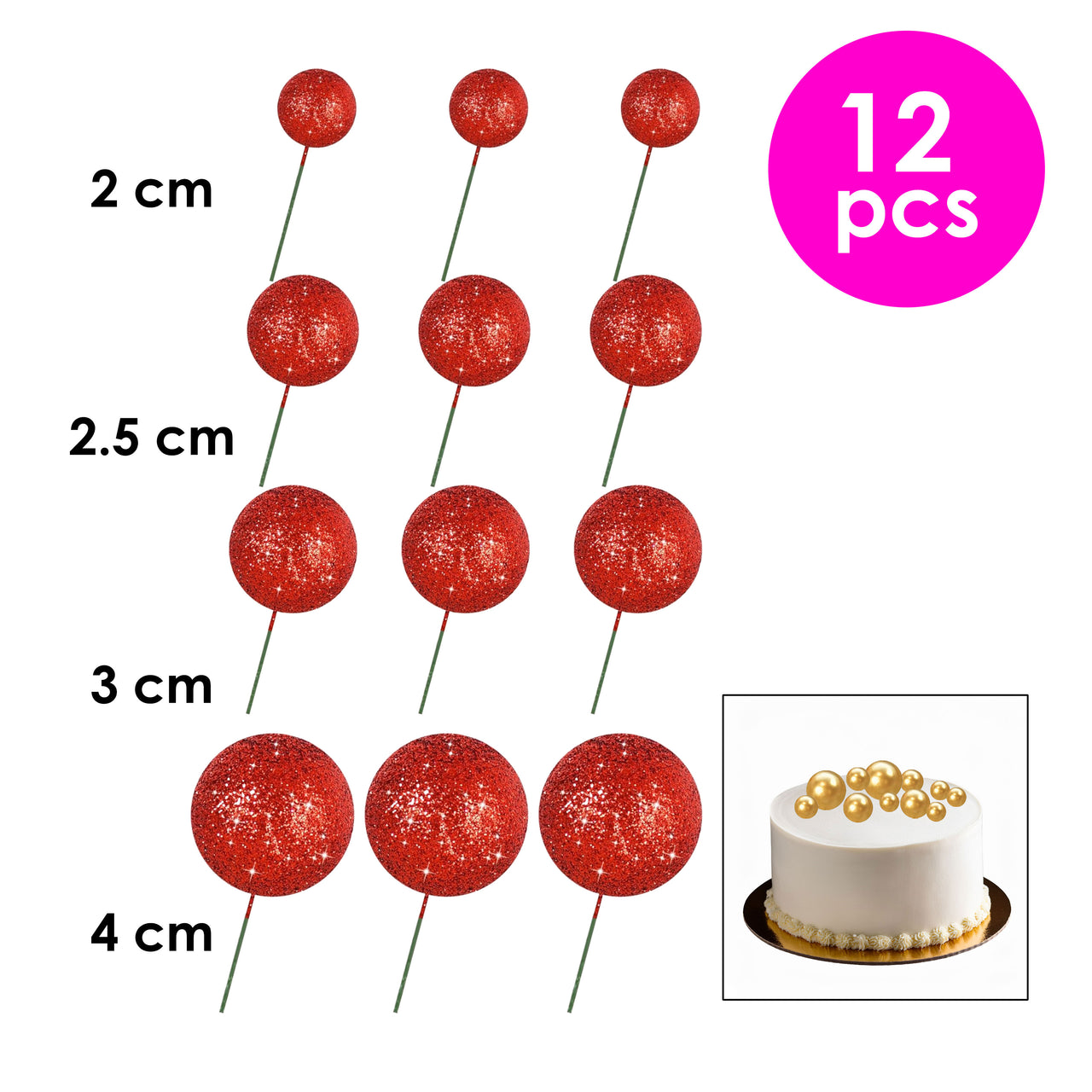12 Pcs. Glitter Ball Cake Toppers - Red (24 Packs)