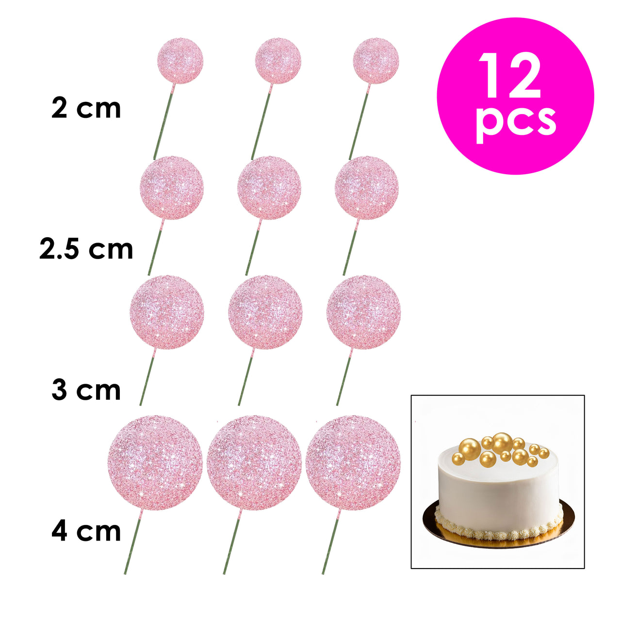 12 Pcs. Glitter Ball Cake Toppers - Pink (24 Packs)