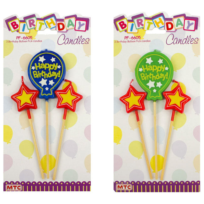 3 Pcs. Birthday Balloon Pick Candle - Assorted (24 Packs)