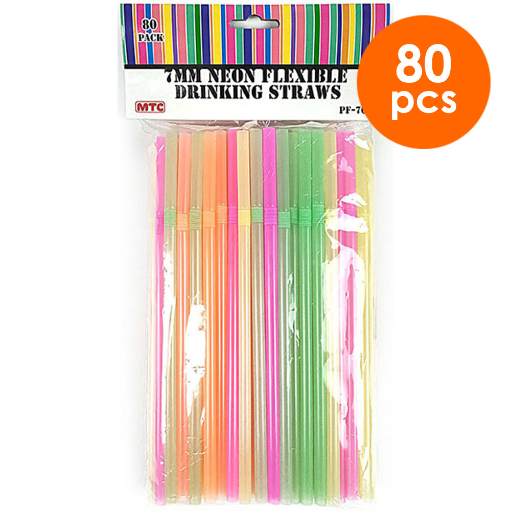 80 Pcs. 7 mm Neon Flexible Straws (24 Packs)
